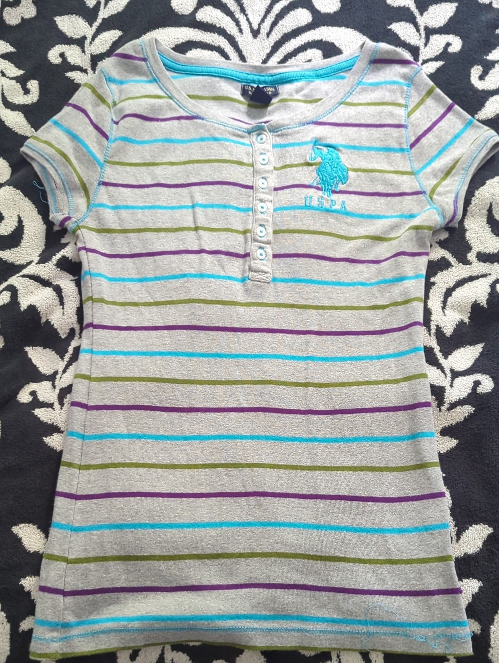 Y2K Vintage U.S. Polo Association Gray Striped Henley Tee with Teal Army Purple
